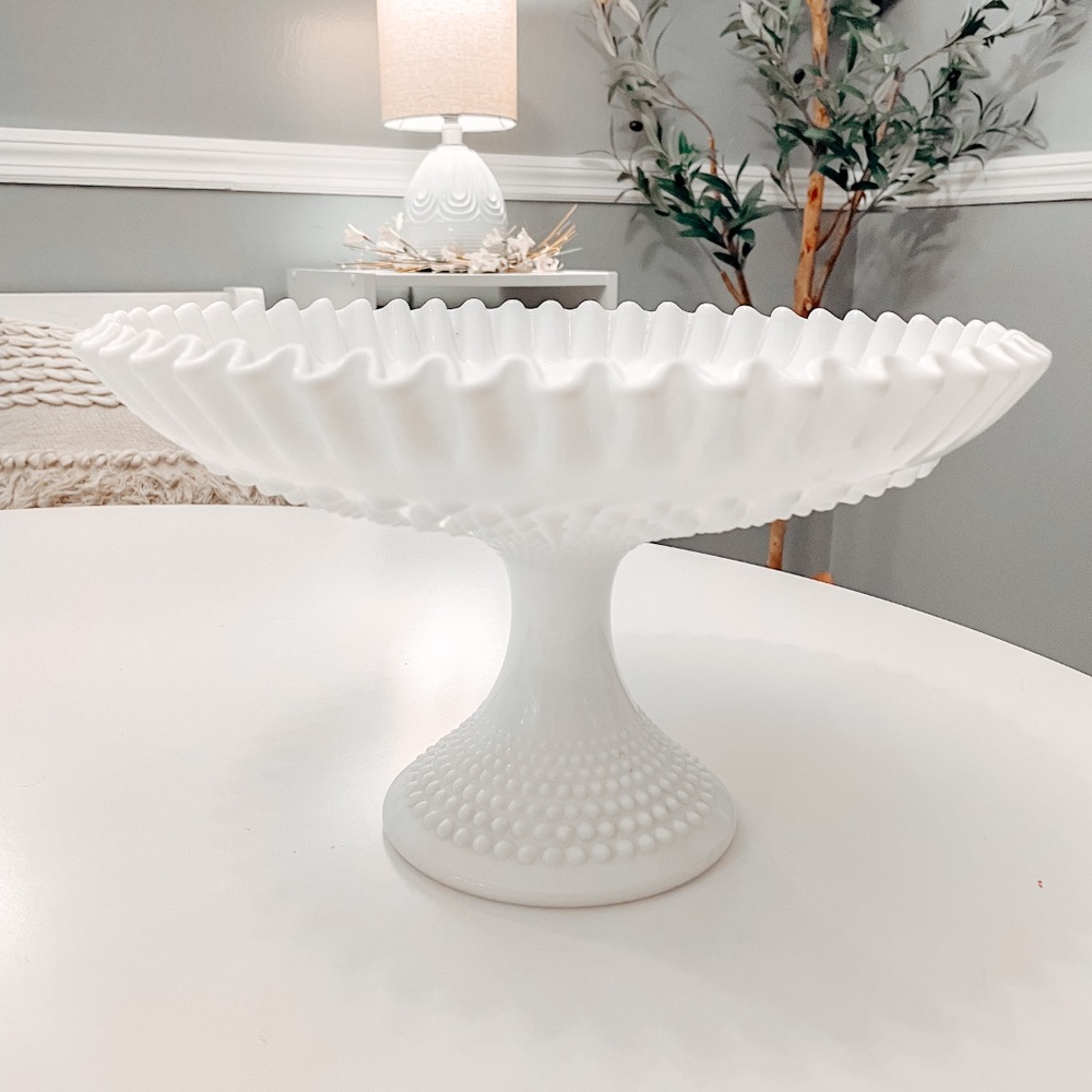 Vintage Fenton Hobnail Milk Glass Large Pedestal Bowl with Scalloped Edges